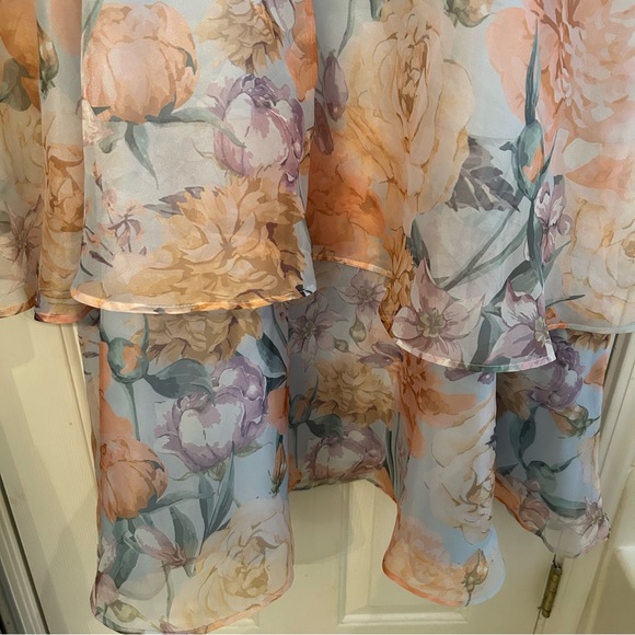 Playfully Posh Blue Floral Organza Tie-Strap Tiered Midi Dress Size XL - Picture 7 of 11